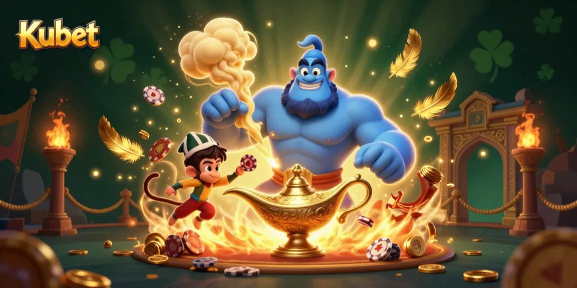 Kubet casino action featuring a genie emerging with golden smoke, surrounded by stunning gambling elements.