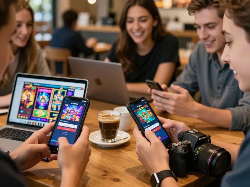 Engaging with IDCWIN88 Login screen on mobile devices at a café, showcasing modern gambling lifestyle