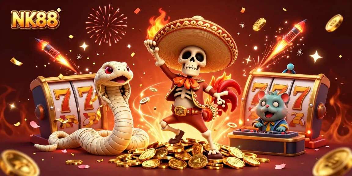 Celebrate wins at NK88 with vibrant characters dancing on golden coins amidst festive elements.