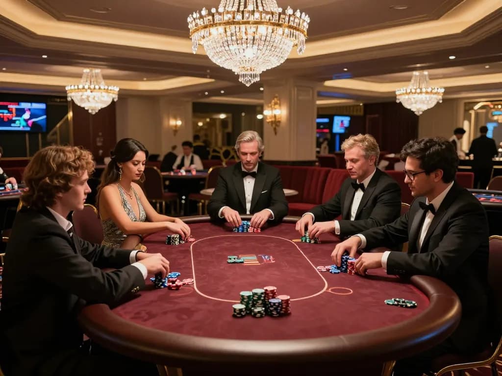 WIN4U VIP gaming scene showcasing players engaging in poker with glamorous decor and warm lighting.