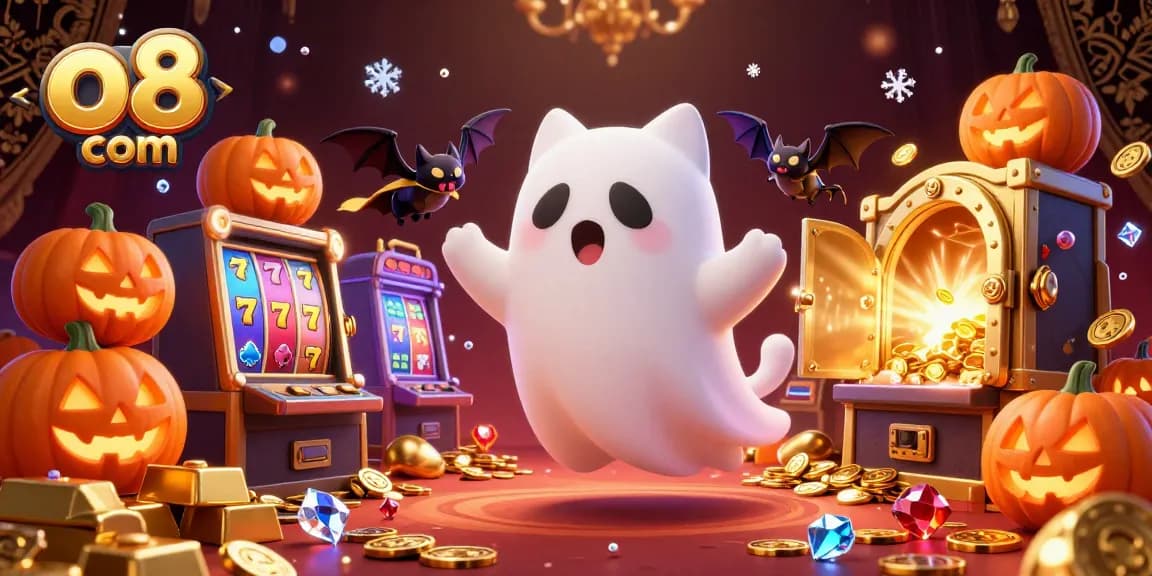 Engage with exciting games at o8 com amidst a vibrant casino scene with playful characters and sparkling treasures.