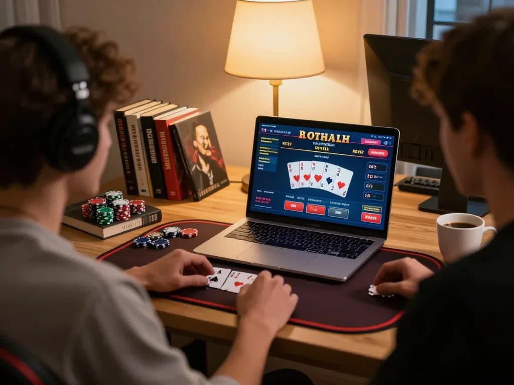 Engaging in a strategic online poker game on 789win from a cozy home setup.