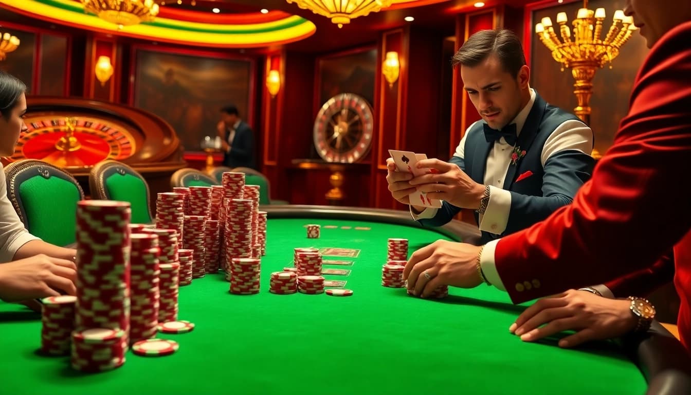 Lazadatoto poker game scene with vibrant chips and professional dealer in luxurious casino atmosphere.