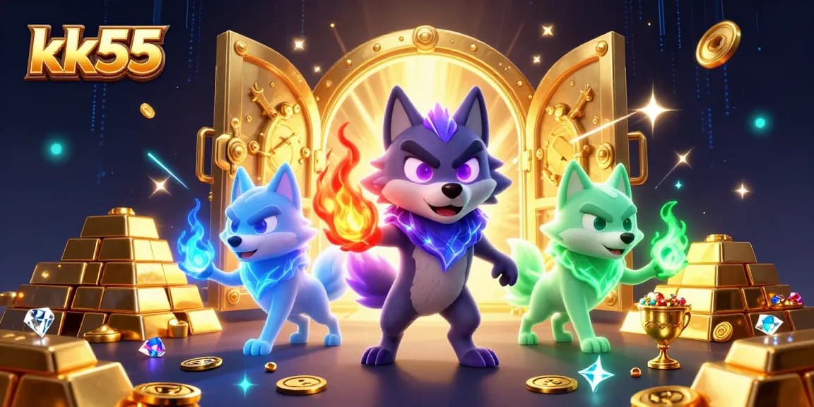 Experience thrilling wins at kk55 with a dynamic scene featuring 3D wolves and treasure elements.