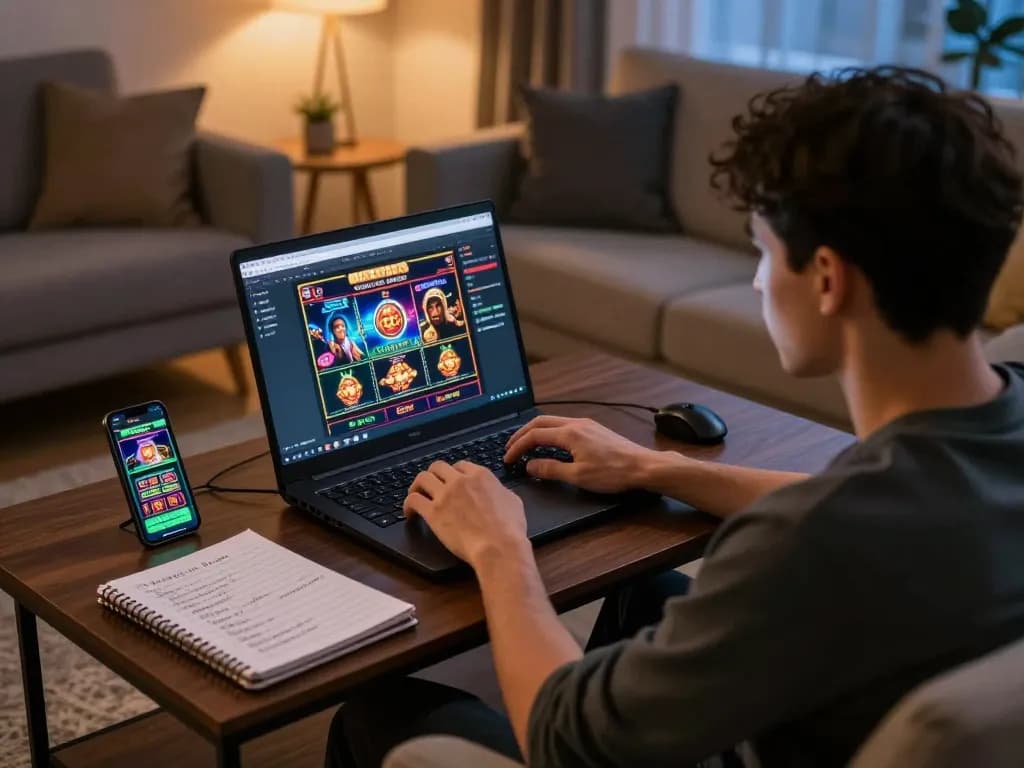 Engaging home scene of a player on sun win gaming platform, analyzing strategies with casino app visible