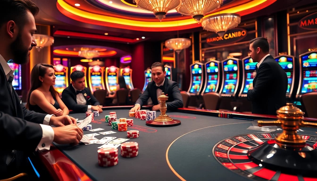 Players enjoying a thrilling poker game at MM88 casino, showcasing luxury and excitement.