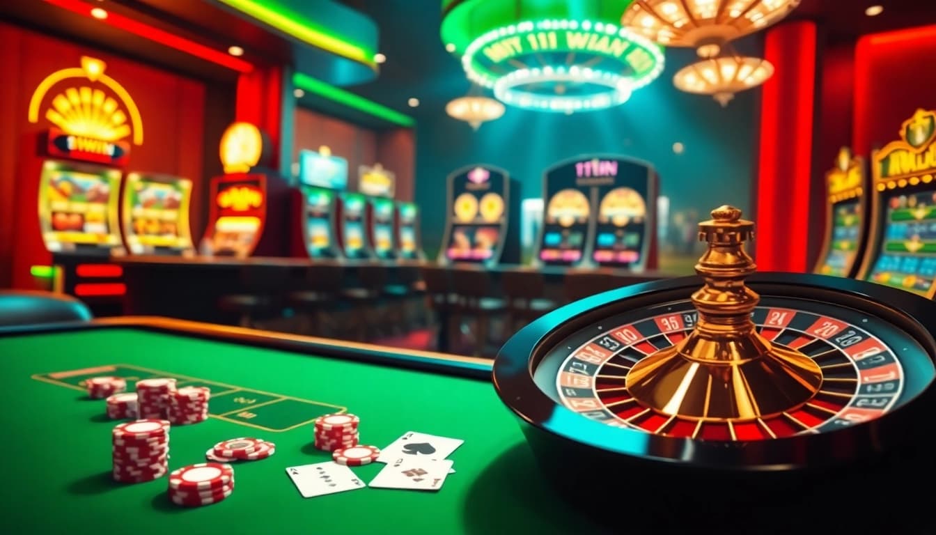 Experience the thrill of 11WIN at a luxurious casino table with vibrant poker chips and cards.
