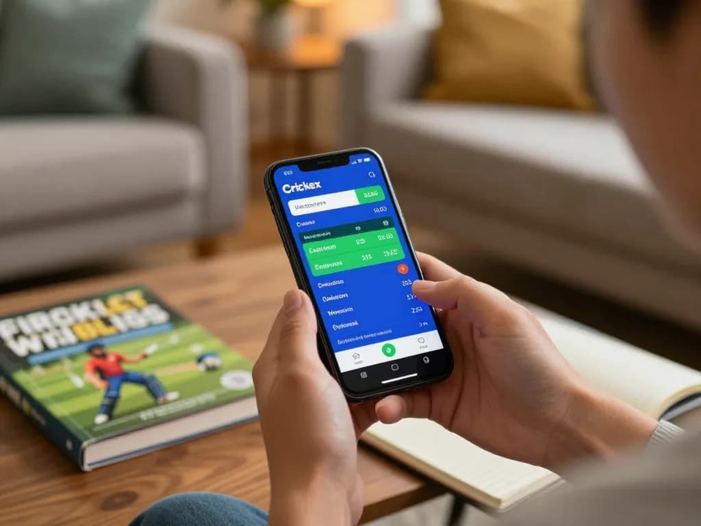 Crickex user placing live cricket bets via mobile app in a cozy home setting.