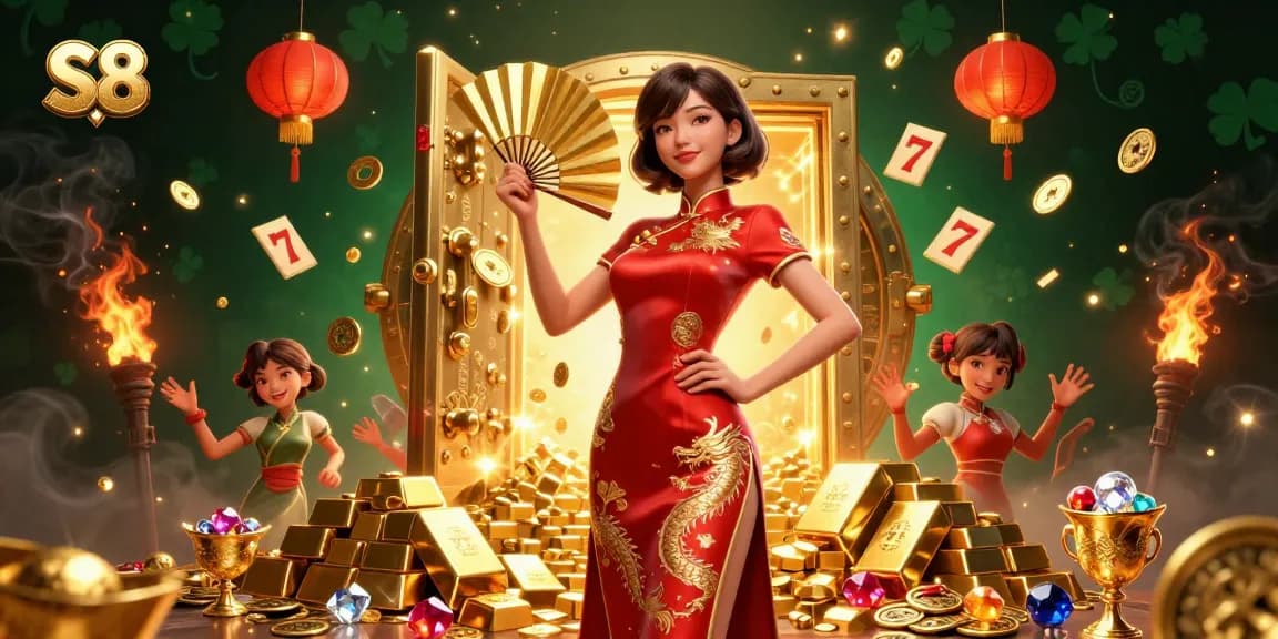 S8 presents a captivating scene of fortune with a stunning Asian woman winning in a casino, surrounded by gold coins and festive elements.