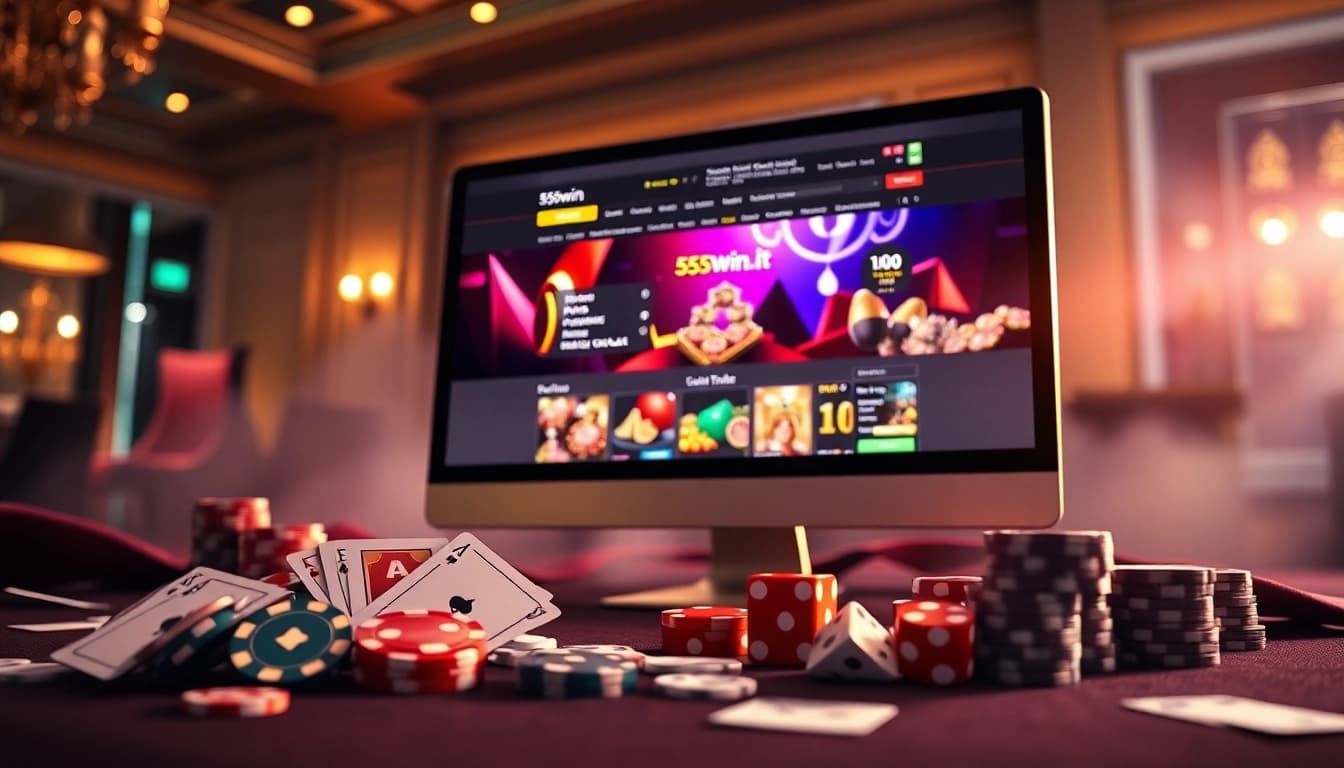 A dynamic online gambling interface on 555win1.it.com with poker chips and cards enhancing the excitement.