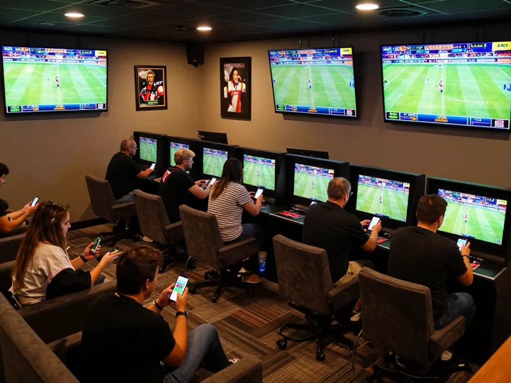 Patrons engaging in sports betting at DU88 with excitement on large screens displaying live events.