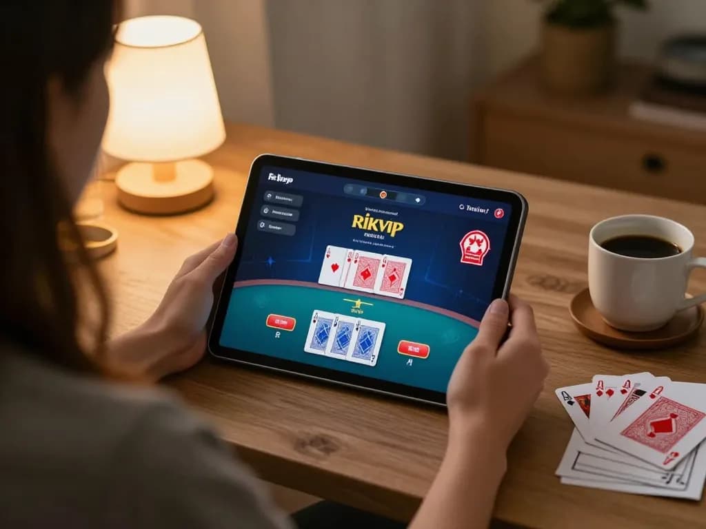 Person playing rikvip online poker on a tablet in a cozy home setting with strategy notes.