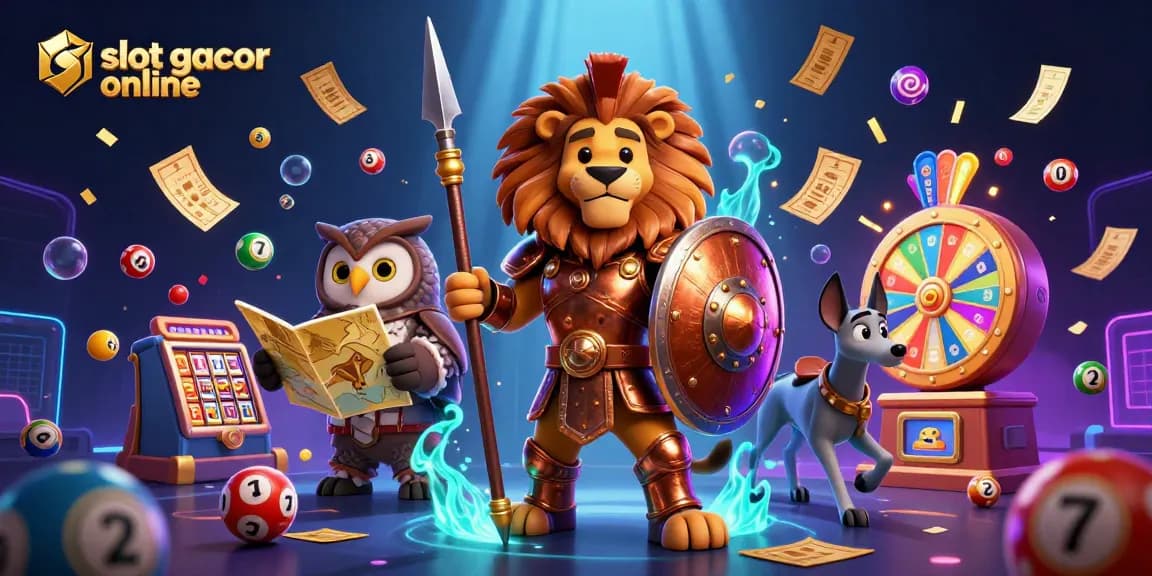 Engage with exciting slot gacor online as the Spartan lion and companions celebrate with a dynamic scene of vibrant gambling elements.