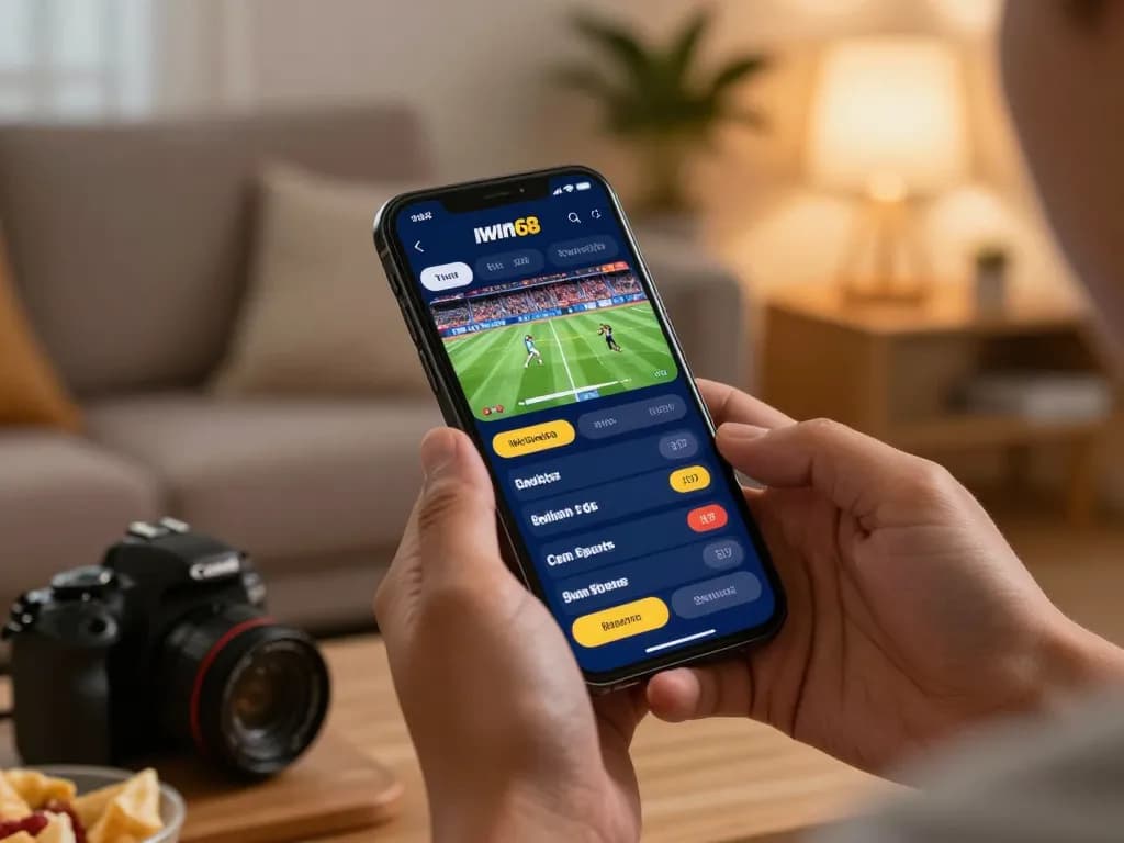 IWIN68 app interface displayed on a smartphone while betting on live sports in a cozy home.