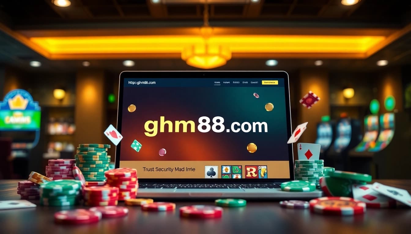 Experience the excitement of online gaming at https://ghm88.com/ with a vibrant display of casino elements and a modern setup.