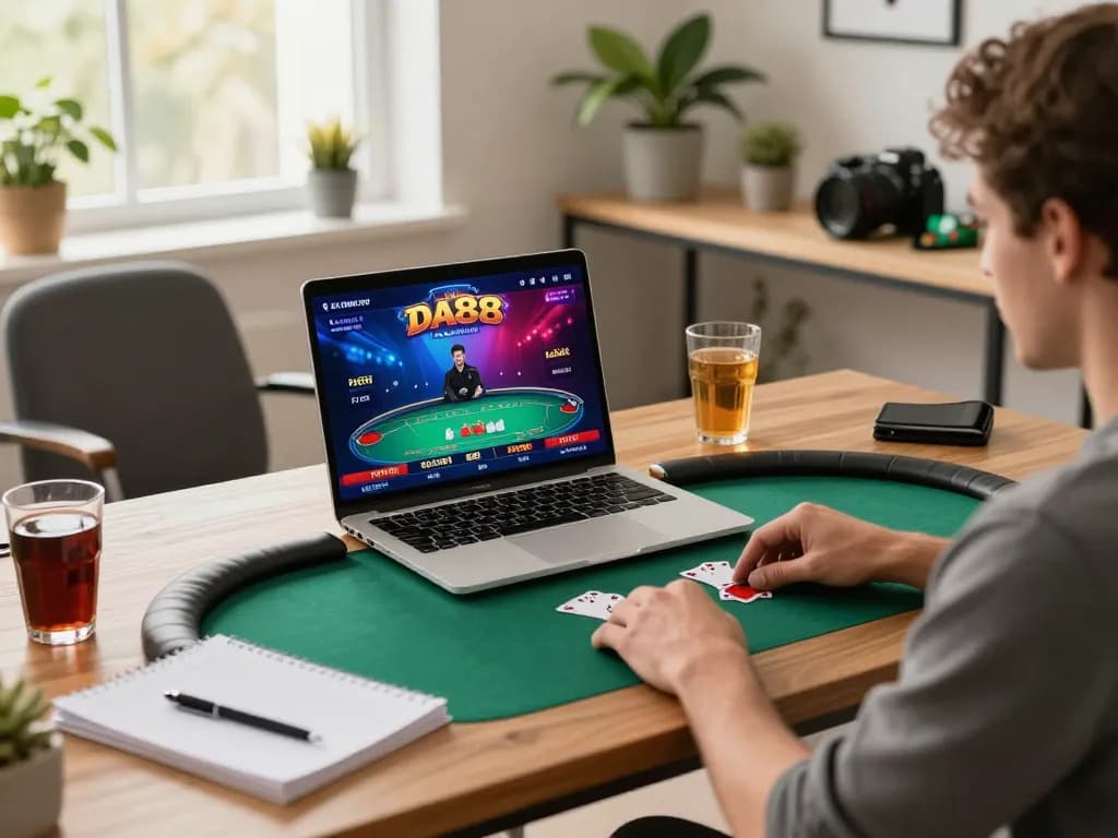 Engaged player enjoying DA88 online poker game on laptop in cozy home office environment