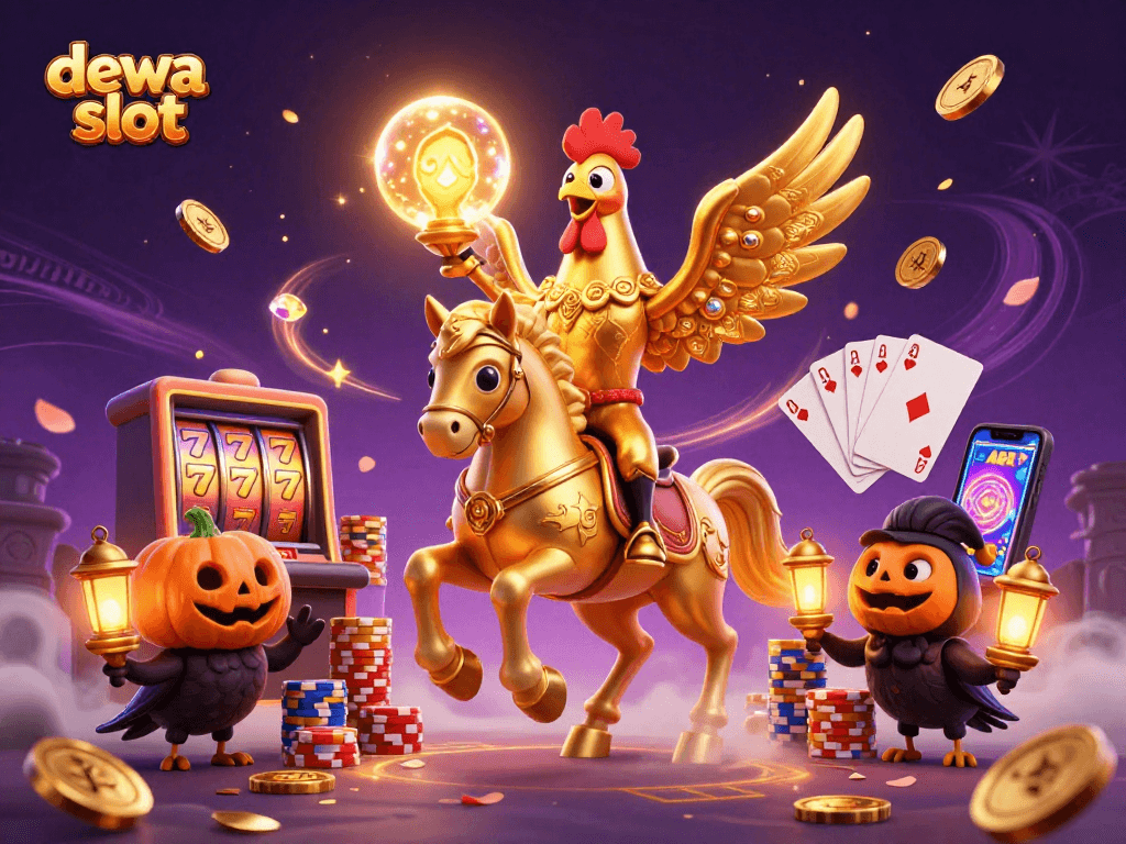 Win big with dewa slot as a golden rooster and friends celebrate in a vibrant casino