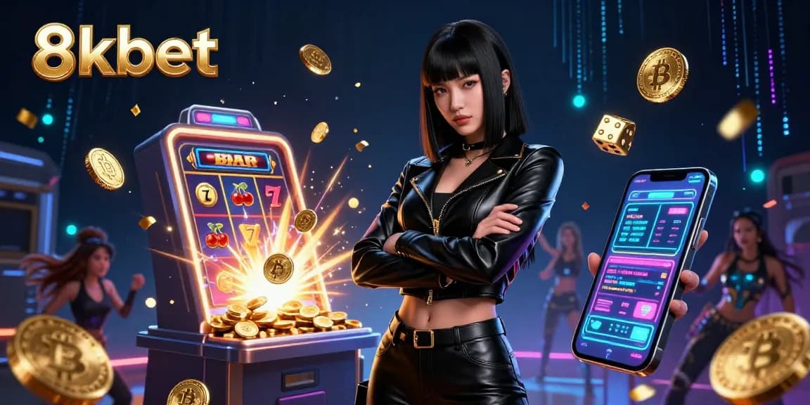 Experience thrilling gaming action at 8xbet, visualized through stunning 3D illustration of jackpot excitement and casino elements.