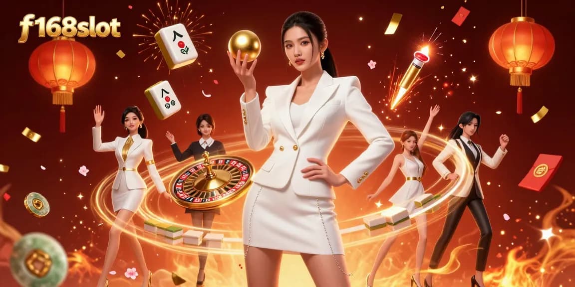 Spin to win at f168slot with a dynamic 3D casino scene featuring Asian elegance and luxurious gaming elements.