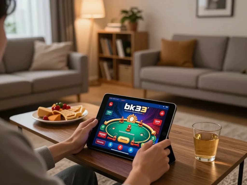 Playing bk33 on a tablet in a cozy home setting with snacks and warm lighting.