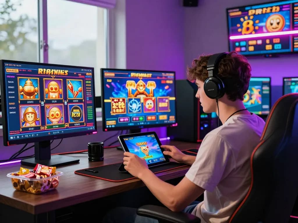 Youthful gamer engaging with zeus138 online slots on a tablet with vibrant gaming screens and ambient lighting.