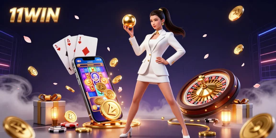Join the excitement with 11WIN, featuring a glamorous Asian woman holding a roulette ball in a luxurious casino scene.