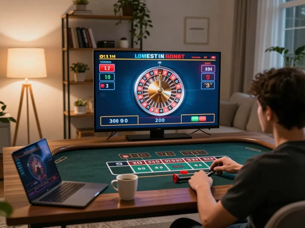 Suasana perjudian online yang menarik di rumah dengan permainan roulette slovakia-vhs di layar, menunjukkan antusiasme pemain dan suasana yang nyaman