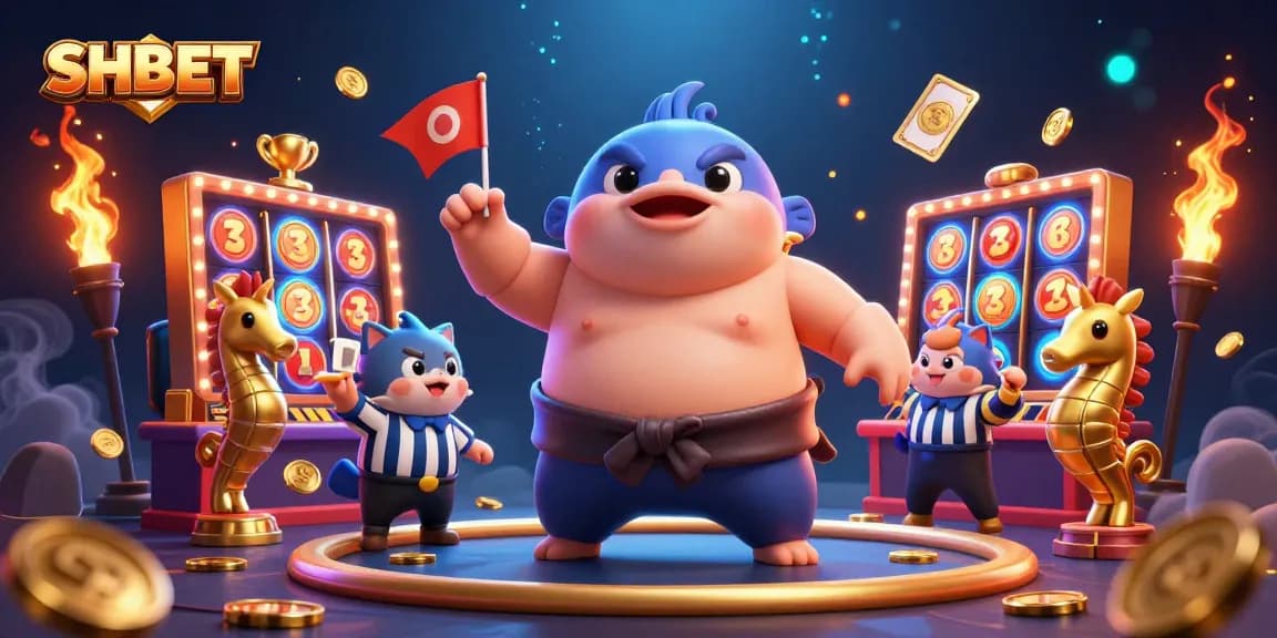 Engage with SHBET for a thrilling online gambling experience, featuring 3D cartoon characters and casino elements.