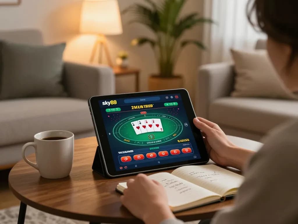 Engaged player checks sky88 poker game on tablet at home, showcasing a stylish gaming setup.