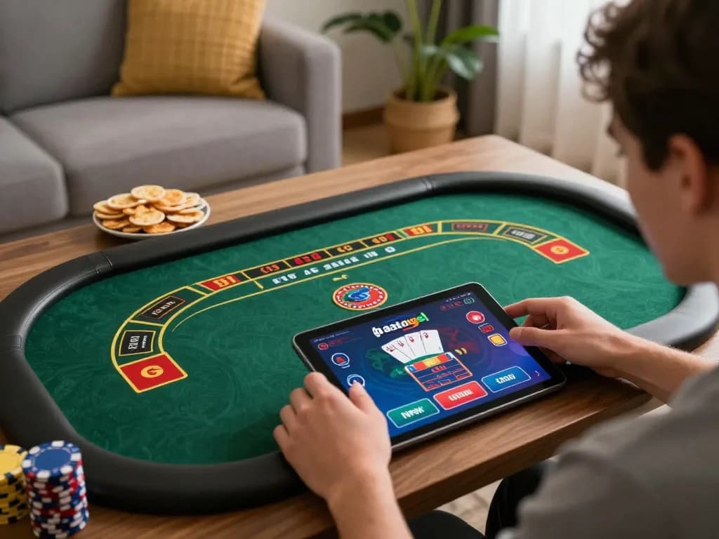 Player engaging in gtatogel online gambling session on tablet at home while managing bets and strategies.