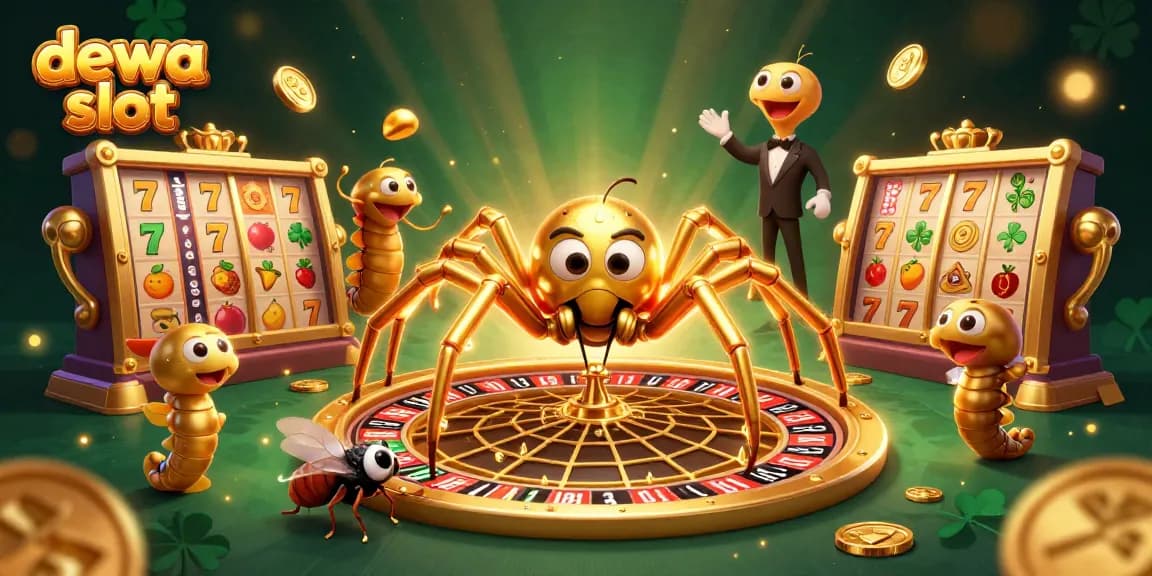 Experience dewa slot excitement with a thrilling 3D scene featuring a golden spider and dynamic slot game elements.