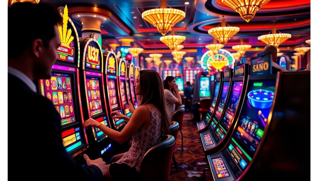 Players intensely engage with vibrant u31 slot game machines in a luxurious casino scene.