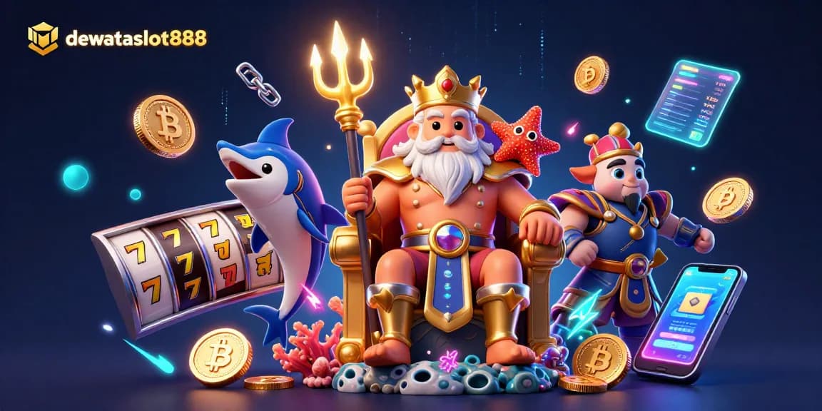 Menangkan jackpot di dewataslot888 dengan ilustrasi 3D kartun raja lautan dan koin crypto.