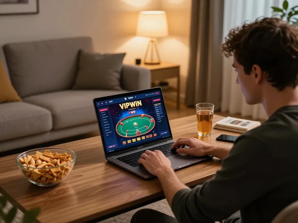 Player engaged in online poker gameplay on VIPWIN in a cozy home setting with snacks