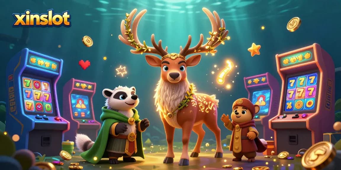 Experience the thrill of xinslot with vibrant slot reels, lucky 7s, and dynamic characters in a casino-themed illustration.