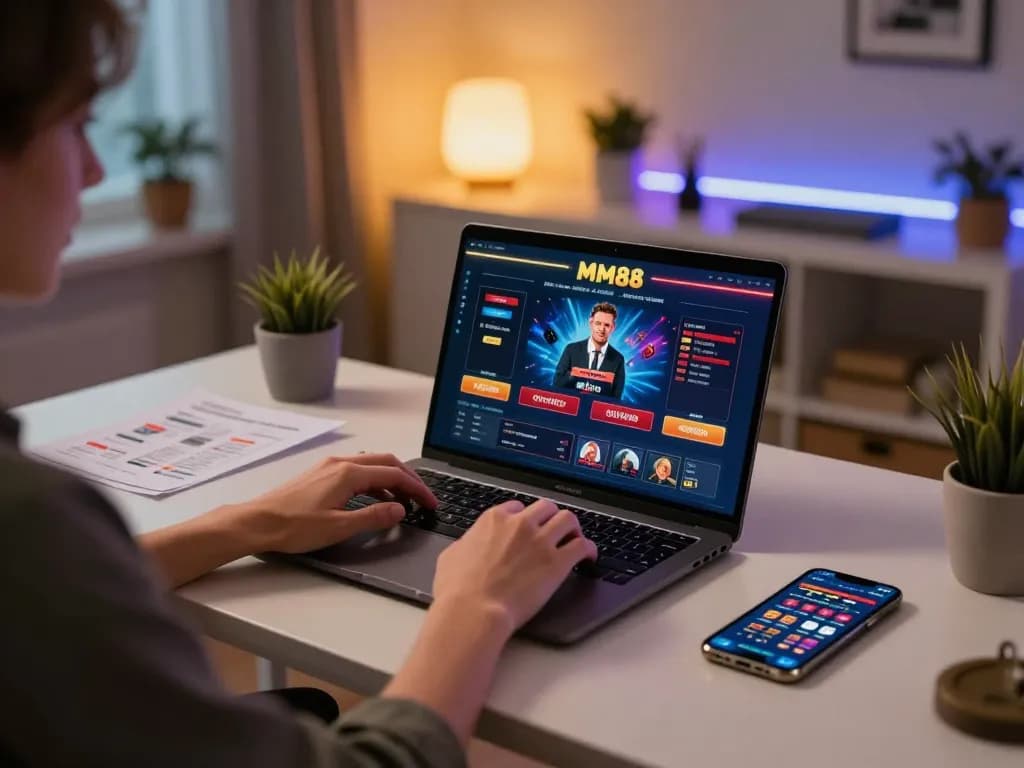 Engaging with MM88 online casino on a laptop in a cozy home setting, highlighting strategic gameplay.