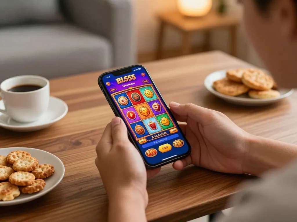 Engaging in mobile gaming on Bl555 app featuring colorful slot graphics at home