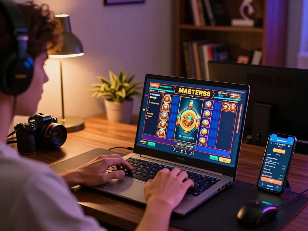 momen permainan daring yang menarik dengan antarmuka slot master88 di laptop dan detail pengaturan strategis.