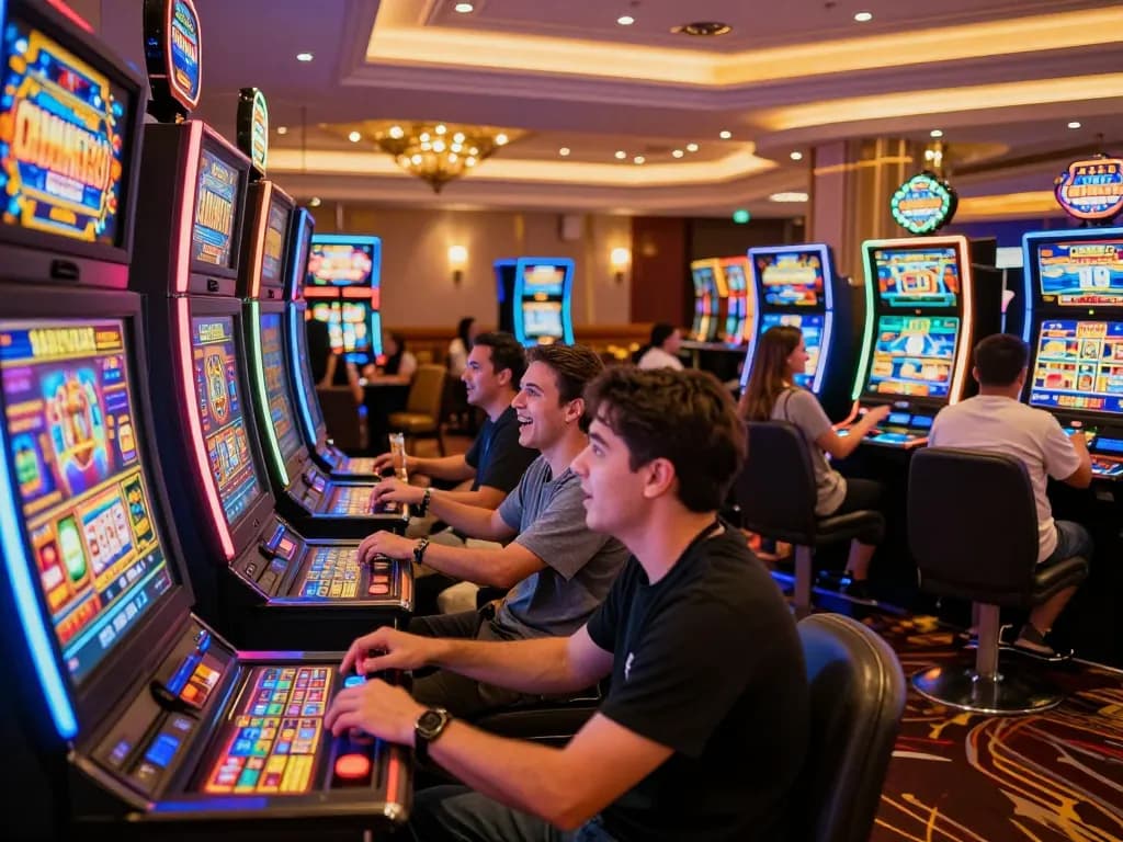 Max88 players enjoying vibrant slot machines in a modern casino atmosphere