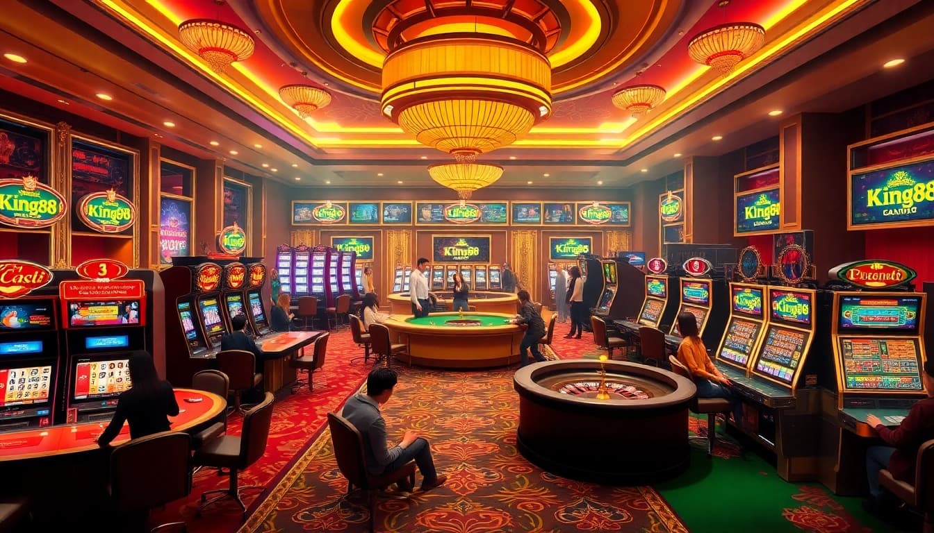 Experience the excitement at King88's luxury casino, featuring vibrant tables and engaged players.