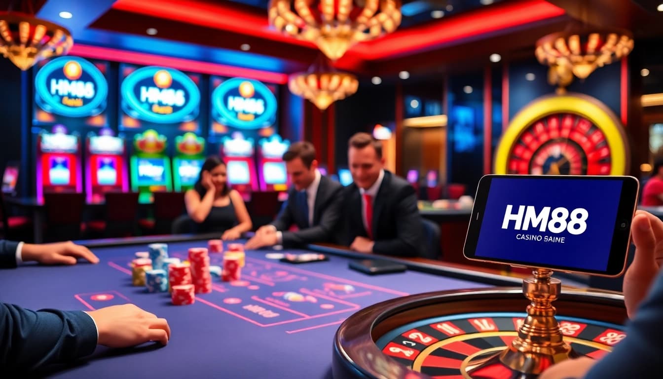Players enjoying a lively poker game at HM88 Casino, showcasing excitement and luxury in gambling.