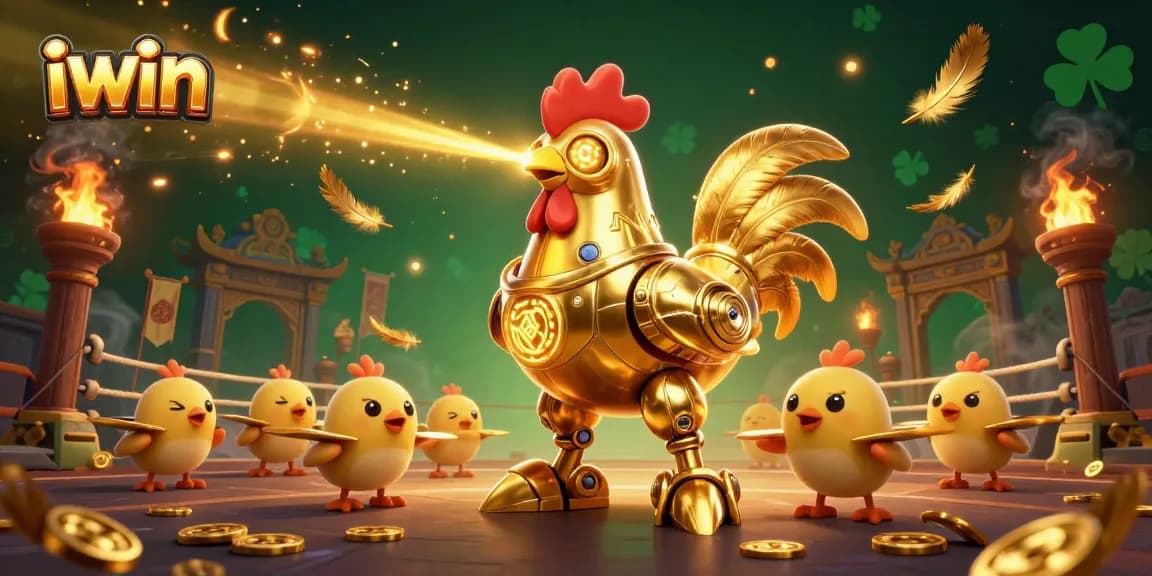 Experience iwin's thrilling casino adventure with a golden rooster robot and vibrant gaming elements.