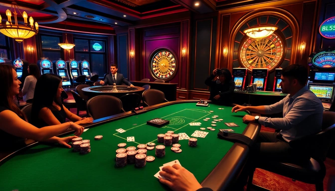 Experience thrilling poker at BL555 with vibrant casino tables and chips spread out.