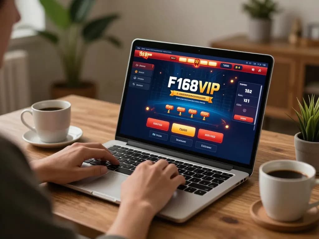 Player engaging with F168VIP online casino interface while enjoying a cozy home atmosphere