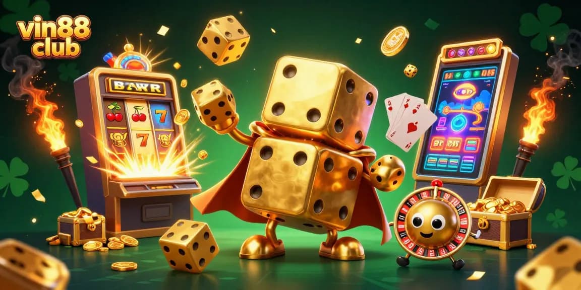 Experience the excitement of vin88 club amidst golden dice and jackpot wins in this vibrant illustration.