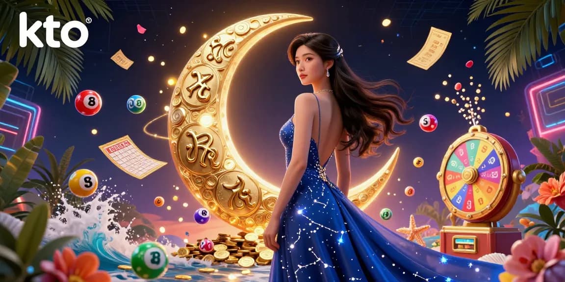 Engage with kto lottery vibes, featuring an elegant woman and dynamic gaming elements in vibrant 3D illustration.