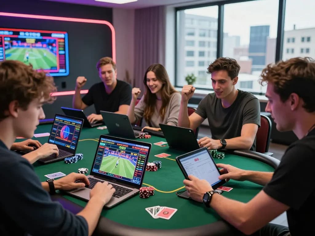 Exciting live betting scene at https://da88.navy/ with friends enjoying online gambling together.