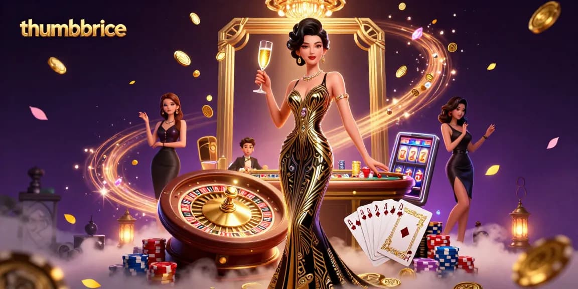 Join the thrilling action with thumbbrace at a glamorous casino scene featuring a stylish lady and engaging game elements.