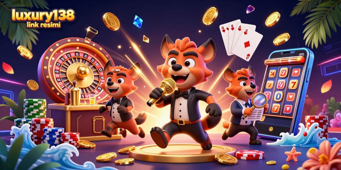 Spin to win at luxury138 link resmi with a vibrant 3D illustration of playful hyenas at a comedy casino club.