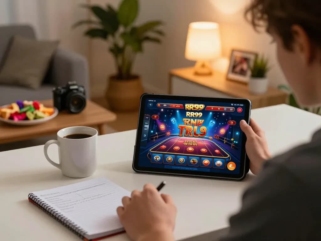 Player engaging with the RR99 online casino app, analyzing strategies in a cozy atmosphere.